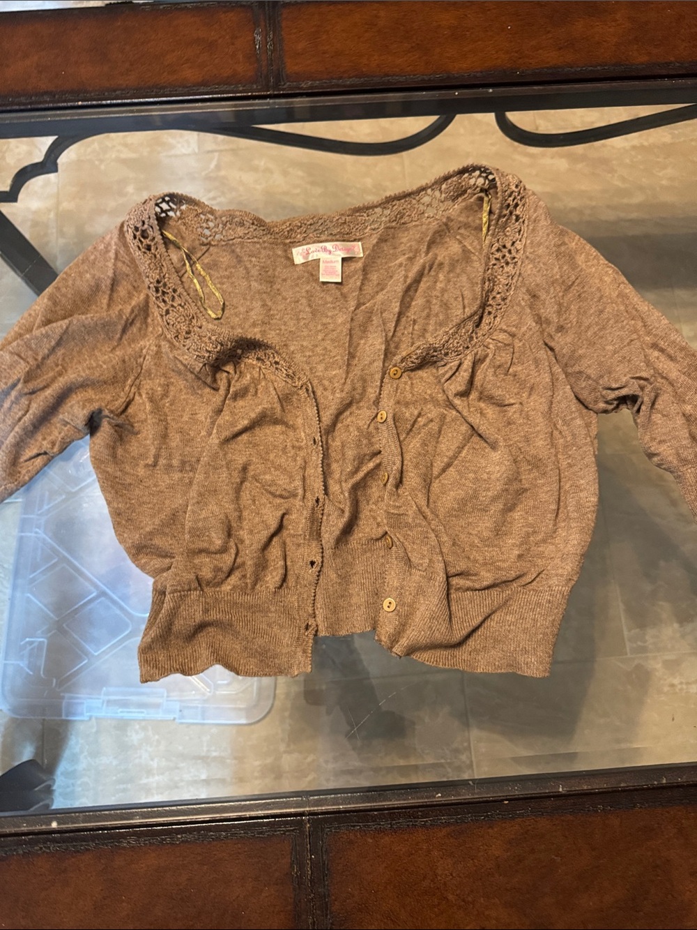 Vintage y2k Love By Design Tan Brown Cropped Crochet-Trim Button Cardigan